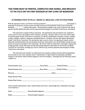 SYSA Medical Release Form - Seattle Youth Soccer Association - sysa