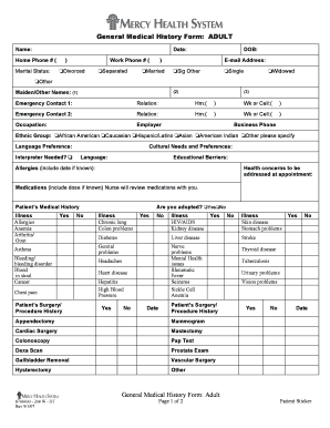 Medical history form - General Medical History Form: ADULT General Medical History ...