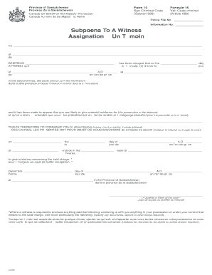 Saskatchewan Subpoena to a Witness