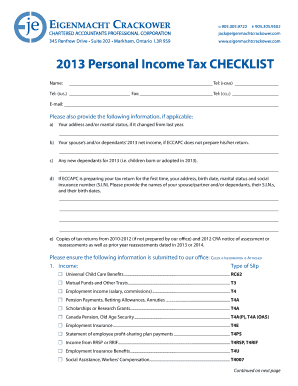 2013 Personal Income Tax Checklist