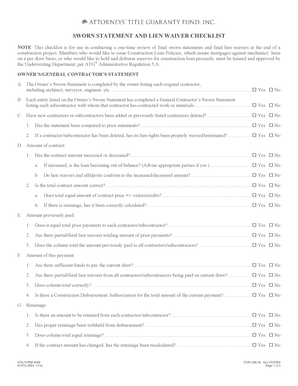 Sworn Statement and Lien Waiver Checklist