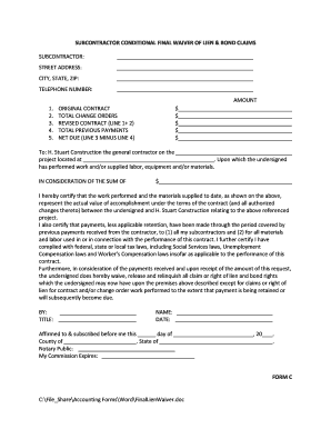 Subcontractor Conditional Final Waiver of Lien and Bond Claims