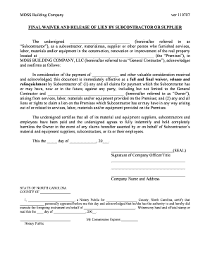 Final Waiver and Release of Lien by Subcontractor or Supplier