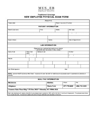 NEW EMPLOYEE PHYSICAL EXAM FORM - Choices