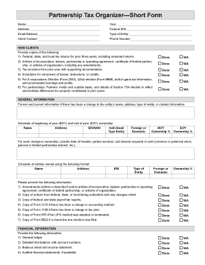 Partnership Tax Organizer Short Form