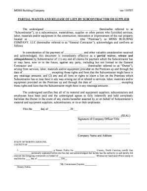 Partial Waiver and Release of Lien by Subcontractor or Supplier