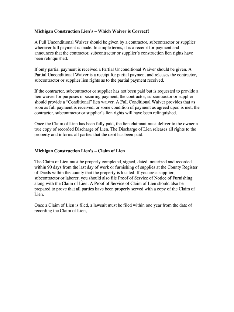 Fillable Online Michigan Construction Liens Which Waiver is Correct Fax