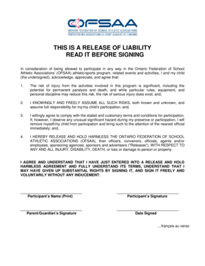 Ontario Federation of School Athletic Associations Release of Liability