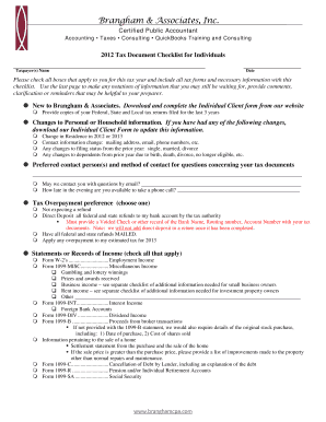 2012 Tax Document Checklist for Individuals