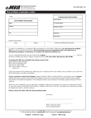 Maryland Out-of-State Lienholder Letter