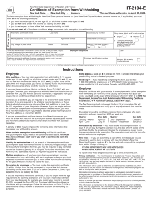 New York State Certificate of Exemption from Withholding IT-2104-E