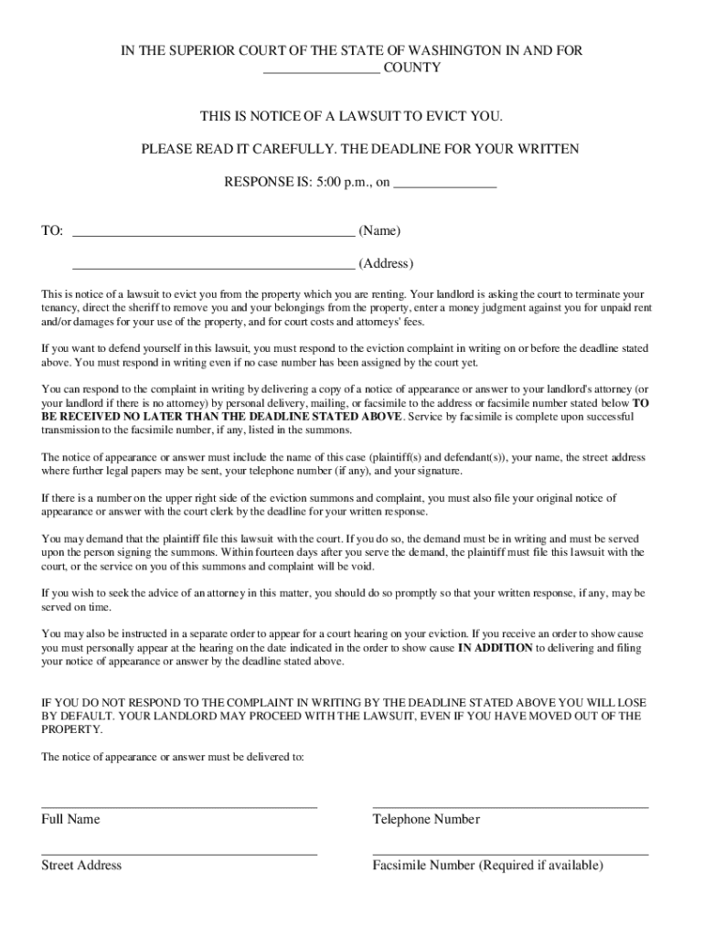 RCW 59 18 365 Unlawful detainer action Summons Form Preview on Page 1