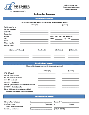 US Business Tax Organizer Form