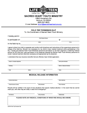 SHYM Field Trip Permission Slip - Sacred Heart Church - sacredheartventura