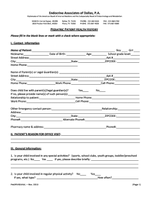 Pediatric Patient Health History Form
