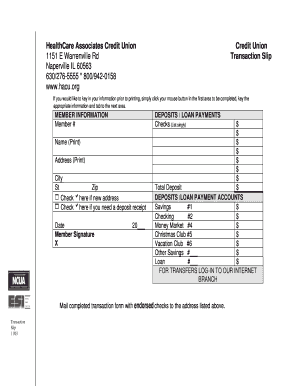 HealthCare Associates Credit Union Transaction Slip