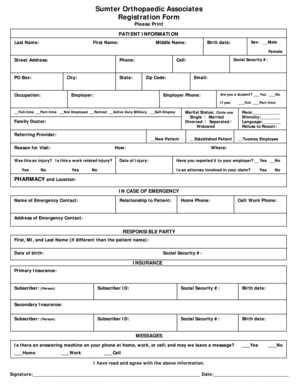 Sumter Orthopaedic Associates Patient Registration Form