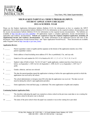Milwaukee Parental Choice Program Student Application Checklist