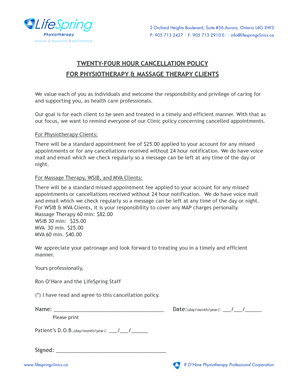 Physiotherapy and Massage Cancellation Policy