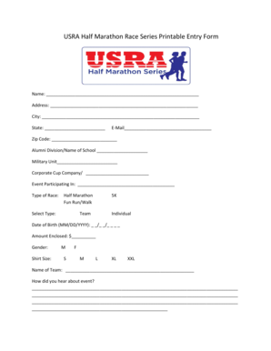USRA Half Marathon Race Series Entry Form
