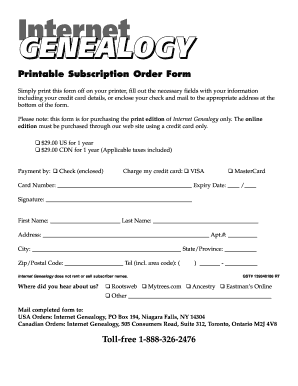 Internet Genealogy Printable Subscription Order Form