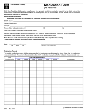 Saskatchewan Learning Medication Form