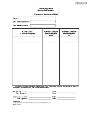 Transfer of Medication Sheet
