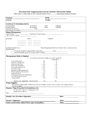 Maryland State Supplemental Form for Students with Insulin Pumps