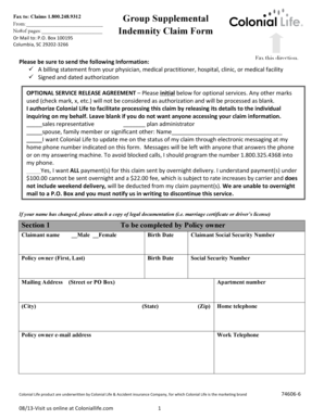 Colonial Life Indemnity Claim Form
