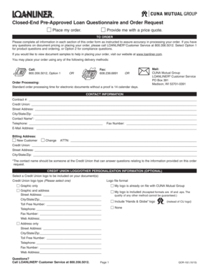 Closed-End Pre-Approved Loan Questionnaire and Order Request