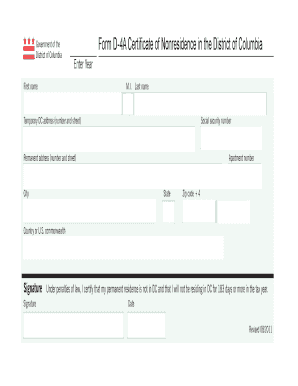 Form D-4A Certificate of Nonresidence in the District of Columbia