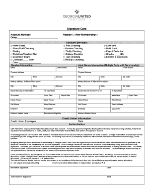 Signature Card for Credit Union Account