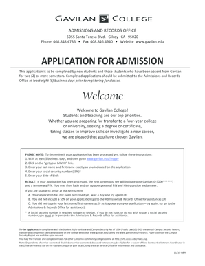 Gavilan College Application for Admission