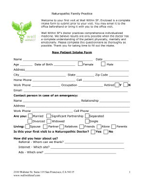 New Patient Intake Form for Naturopathic Family Practice