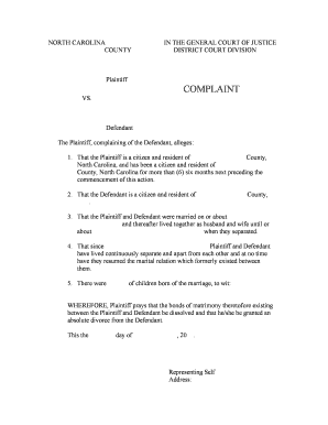 North Carolina Divorce Complaint