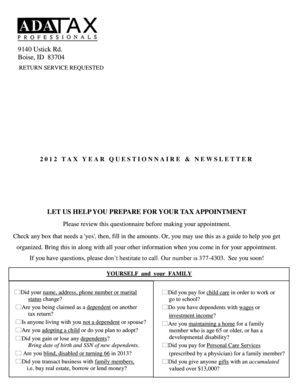 2012 Tax Year Questionnaire & Newsletter