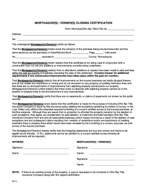 Mortgagor Owner Closing Certification