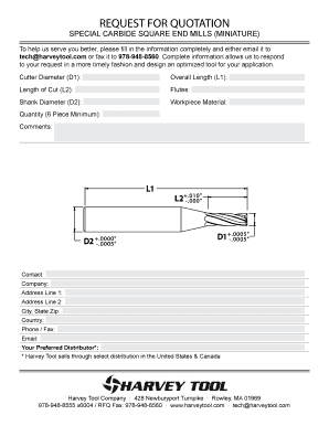 Request for Quotation for Special Carbide Square End Mills