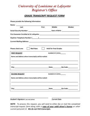 Grade Transcript Request Form