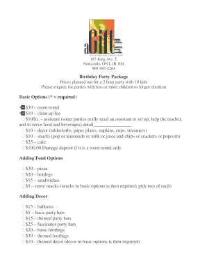 Birthday Party Package Form