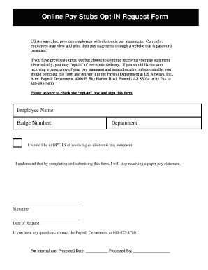 US Airways Employee Pay Stub Opt-In Request Form