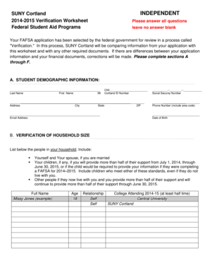 SUNY Cortland 2014-2015 Verification Worksheet