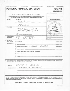 Texas Ethics Commission Personal Financial Statement Form PFS