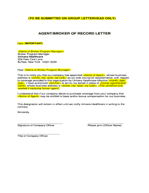 Agent/Broker of Record Letter