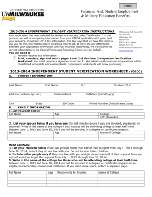 2013-2014 Independent Student Verification Worksheet