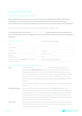 UK Investment ISA Additional Subscription Form