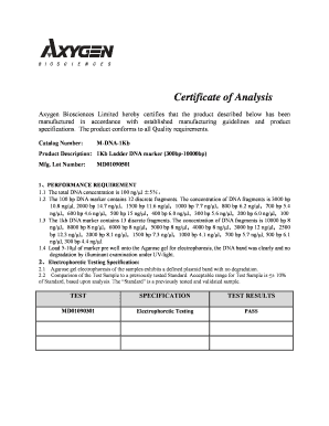 Certificate of Analysis for DNA Marker