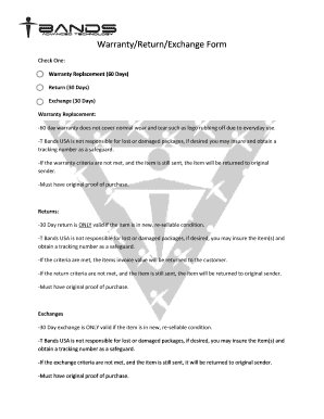 T Bands USA Warranty Return Exchange Form