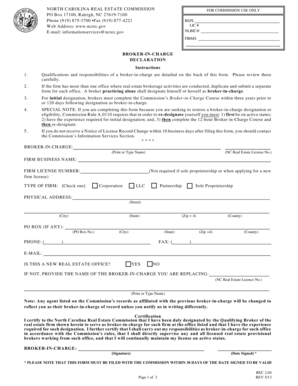 North Carolina Broker-in-Charge Declaration Form
