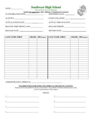 Southwest High School Out of Class Activity Request